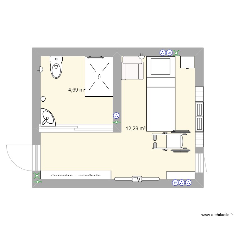 Chambre EHPAD 1. Plan de 2 pièces et 17 m2