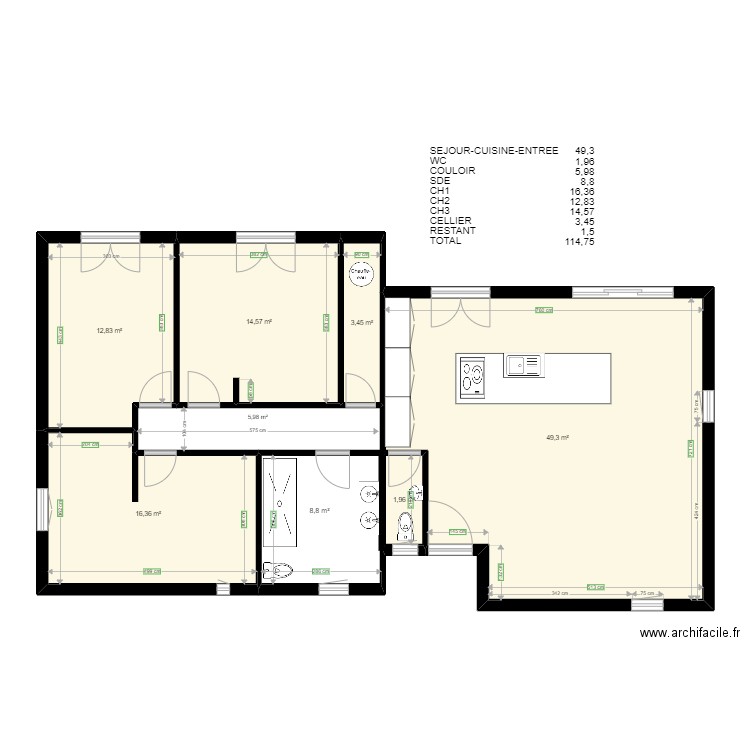 BRACHET RDC COMPLET AVEC SURFACES ET EQUIPEMENT. Plan de 6 pièces et 98 m2