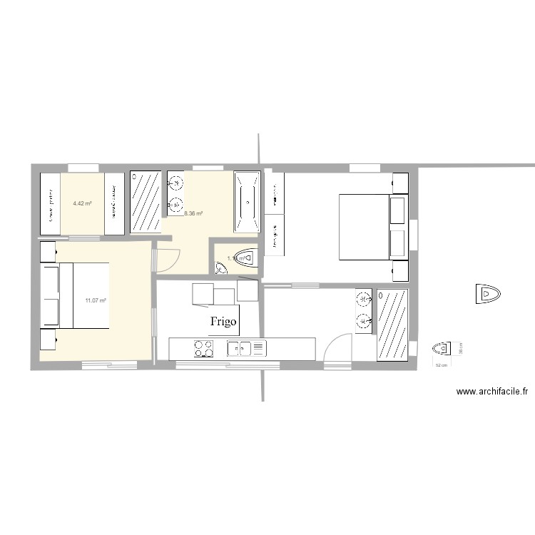 chambre1 et 2 avec cuisine 2. Plan de 0 pièce et 0 m2