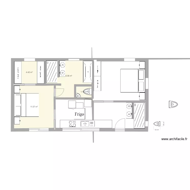 chambre1 et 2 avec cuisine 2. Plan de 