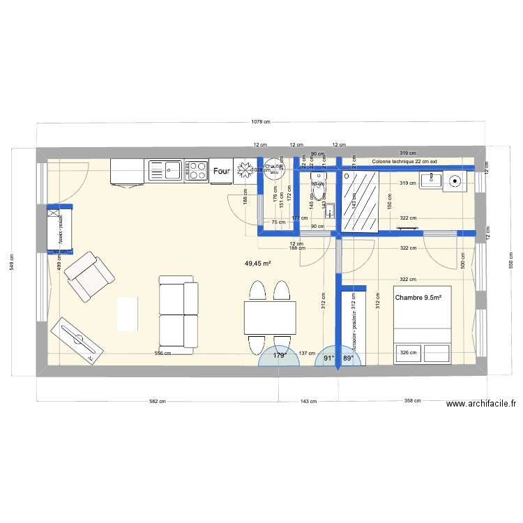 appart 3 - 48m². Plan de 1 pièce et 49 m2