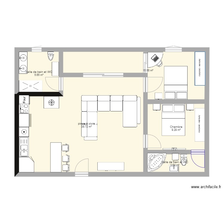 appartement deux  chambre suite . Plan de 5 pièces et 73 m2