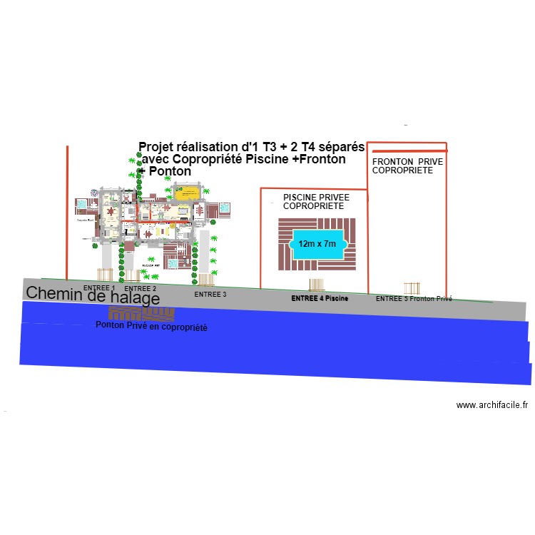 plan transformation en 1T3 et 2 T4 séparés 2 + Piscine en copropriété. Plan de 0 pièce et 0 m2