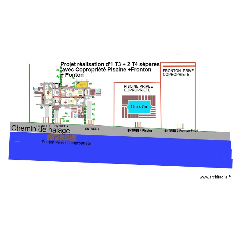 plan transformation en 1T3 et 2 T4 séparés 2 + Piscine en copropriété. Plan de 3 pièces et 132 m2