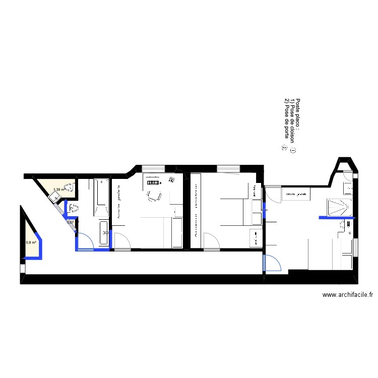 coin nuit (état final) 2. Plan de 3 pièces et 2 m2