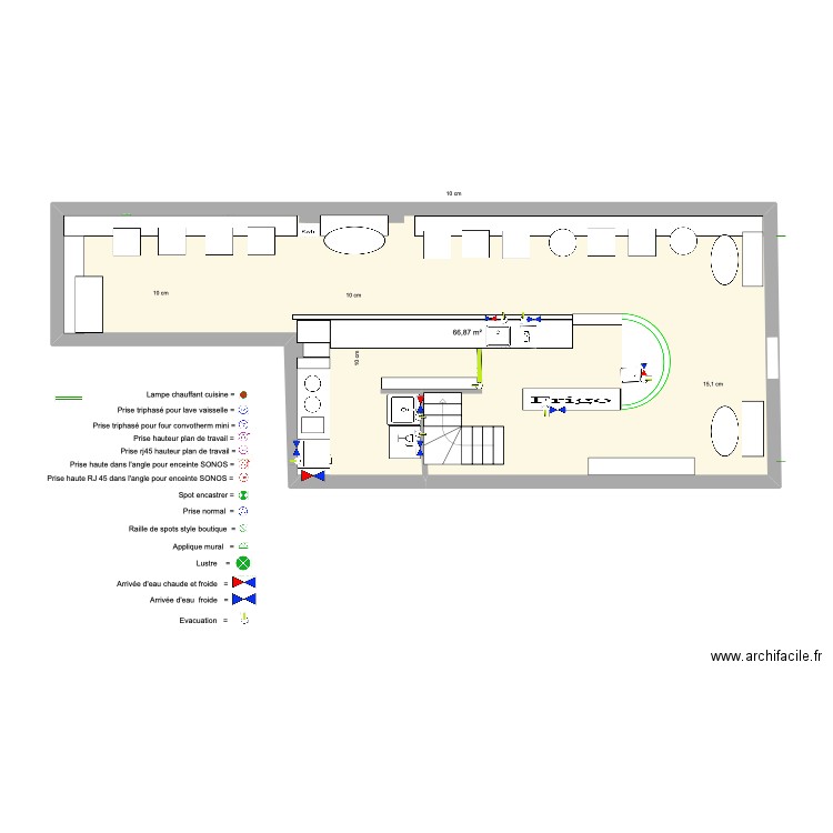 Plan plomberie RDC. Plan de 1 pièce et 67 m2