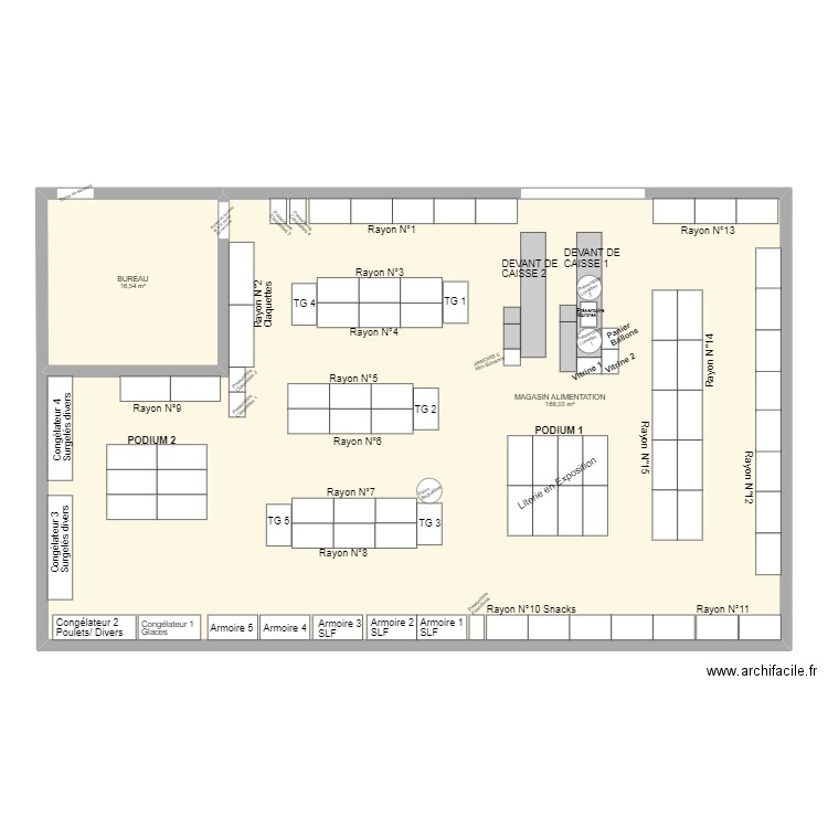 Magasin Alimentation 21-22. Plan de 2 pièces et 185 m2