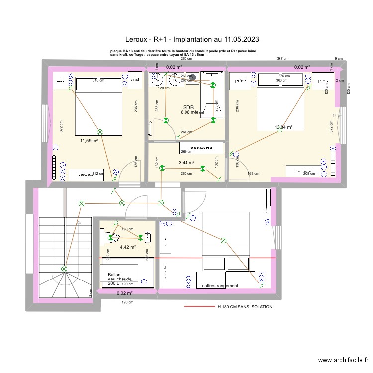 Option 3 LEROUX LA BAULE R+1 Electricite plomberie 11.05.2023. Plan de 8 pièces et 39 m2