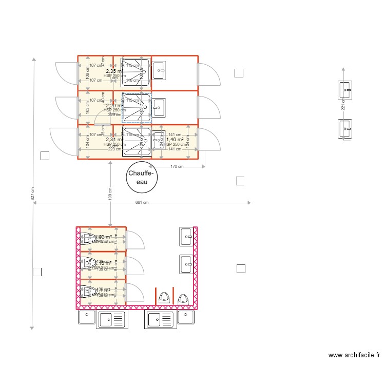 Projet Sanitaires camping V3. Plan de 7 pièces et 12 m2