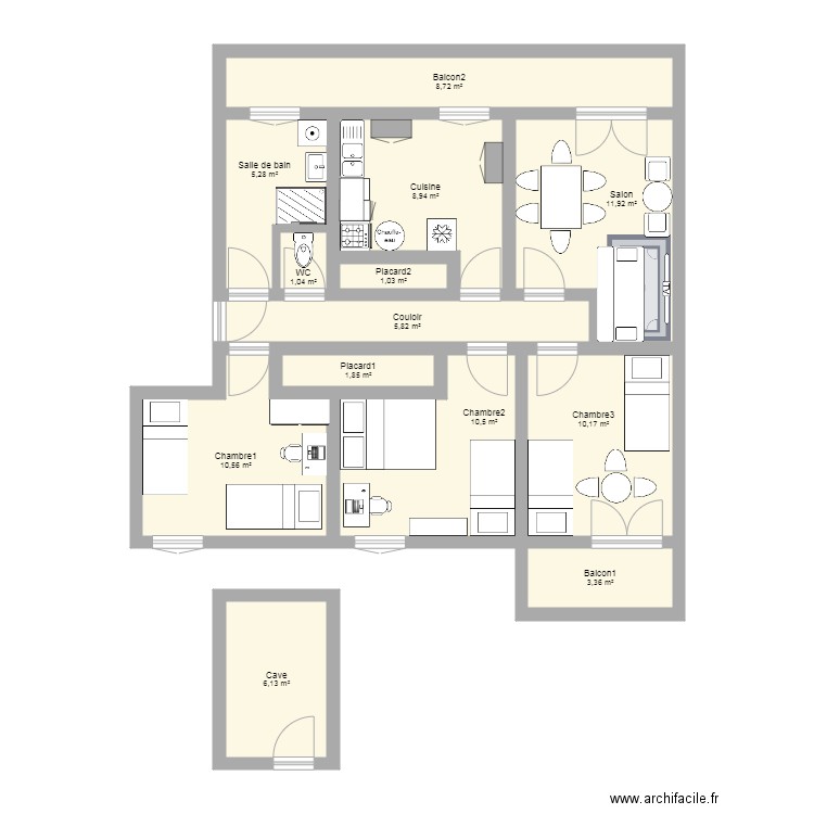 Dortoire. Plan de 13 pièces et 85 m2