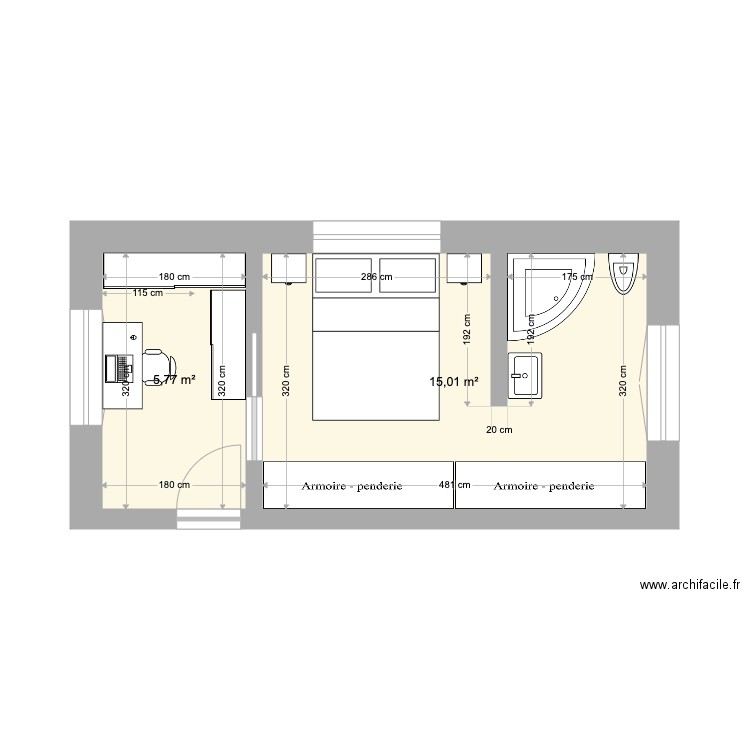 Projet Chambre 5. Plan de 2 pièces et 21 m2