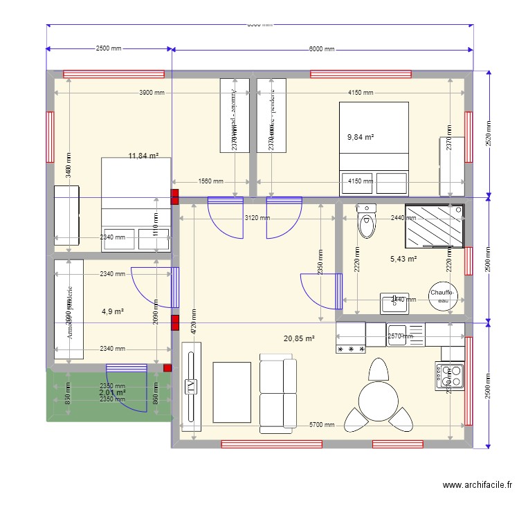 4ка новый проект. Plan de 6 pièces et 55 m2