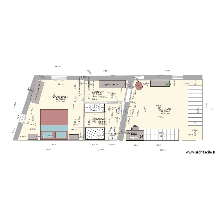 plan 1er étage arrière Bergerie. Plan de 4 pièces et 43 m2