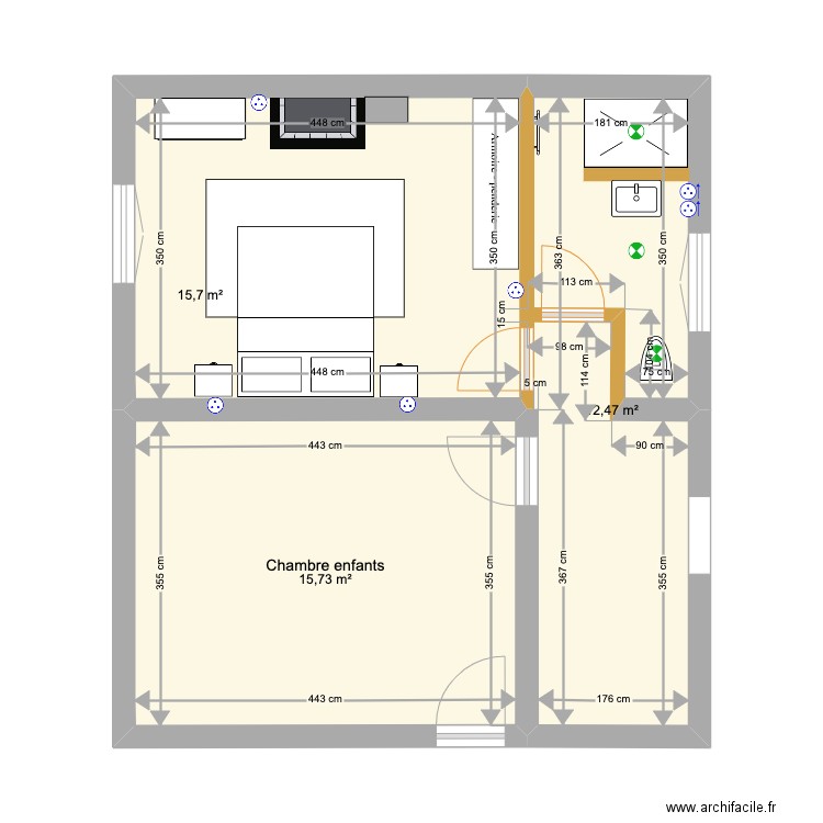 Chaumont 1er etage projet. Plan de 3 pièces et 44 m2
