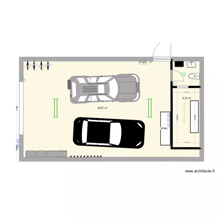 Garage. Plan de 2  et 65 m²