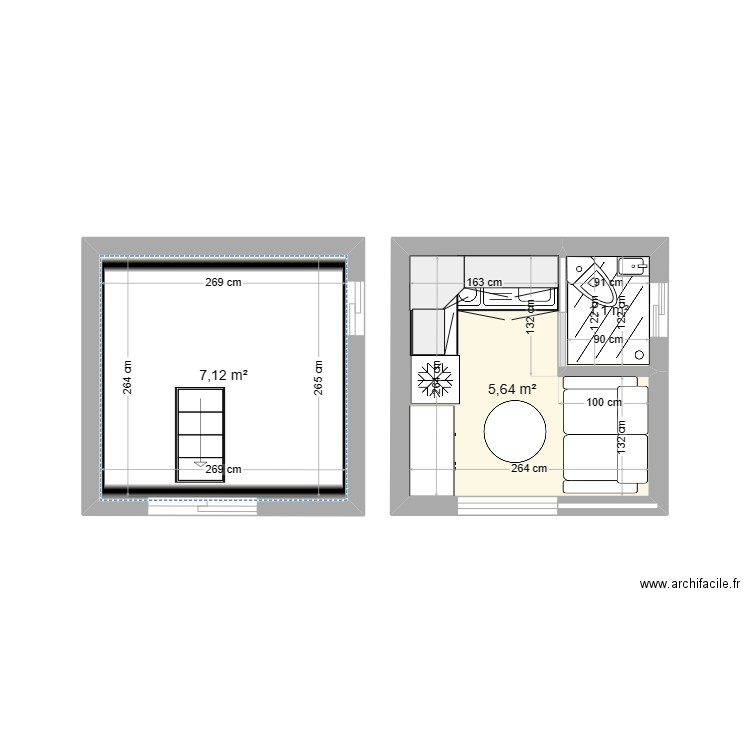 MODULE  3 X 3 = 9 . Plan de 3 pièces et 14 m2