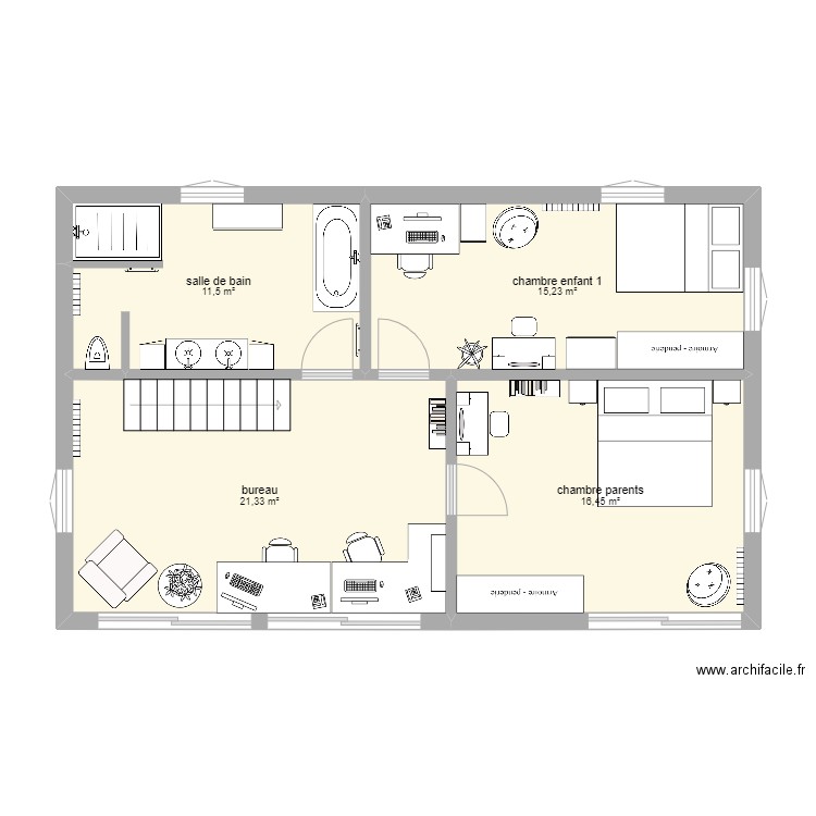 premier étage maison. Plan de 4 pièces et 65 m2