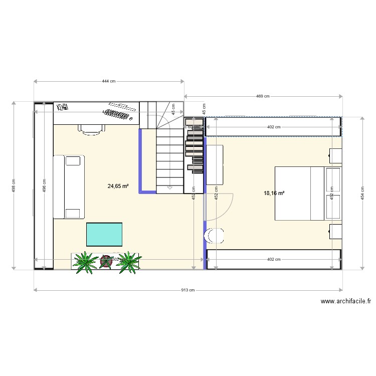 com_etage. Plan de 2 pièces et 43 m2