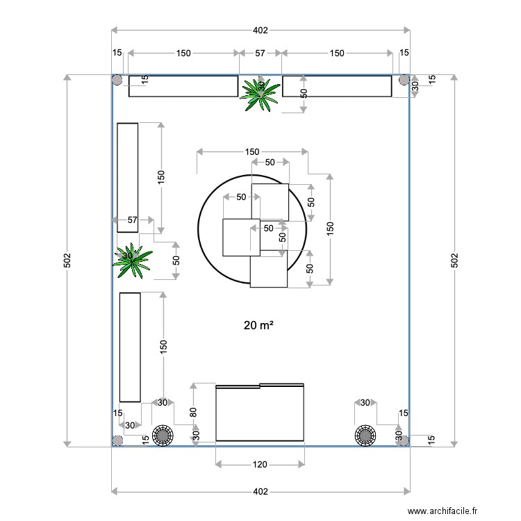 corner. Plan de 1 pièce et 20 m2