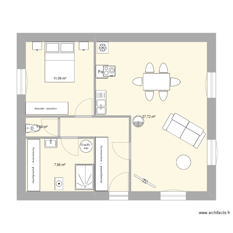 chambre derrière 1. Plan de 4 pièces et 58 m2