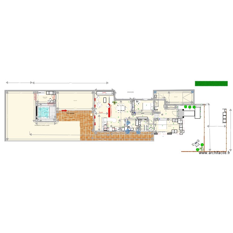 Plan agrandissement avec veranda et cuisine et Chambre revue. Plan de 0 pièce et 0 m2