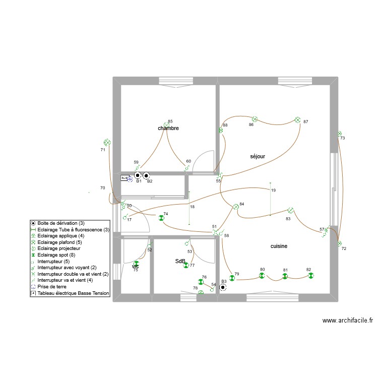 jeremy1RdC éclairage. Plan de 5 pièces et 47 m2