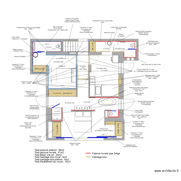 Roc Mer RDC - Agencement + Matériaux. Plan de 1 pièce et 14 m2