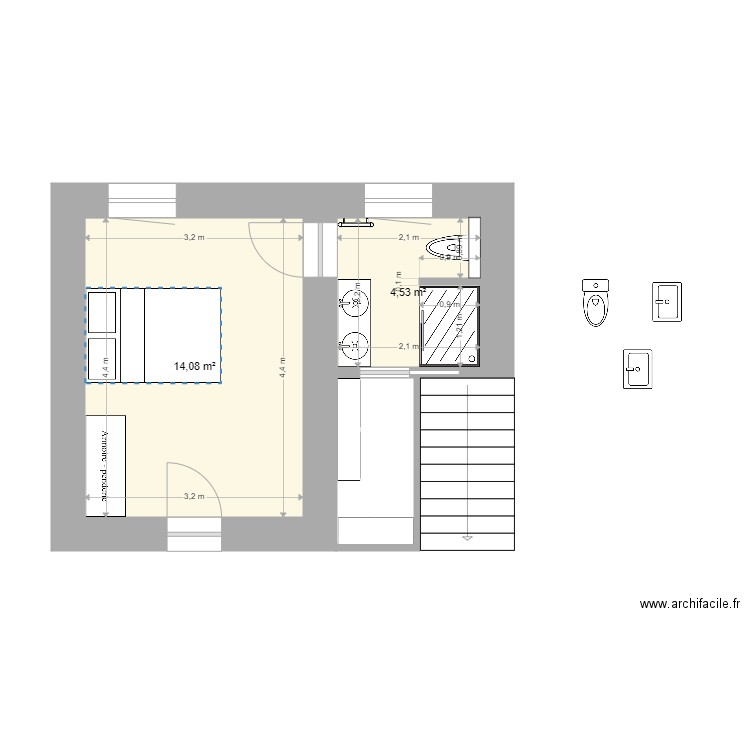 Suite parents Le Longeron. Plan de 2 pièces et 19 m2