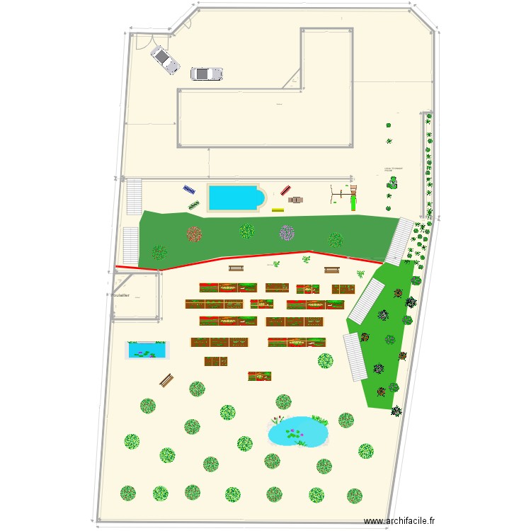 Jardin avec maison en L. Plan de 5 pièces et -1606 m2