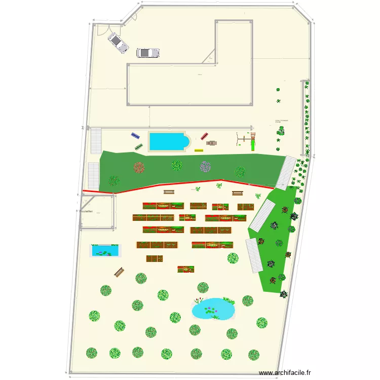 Jardin avec maison en L. Plan de 