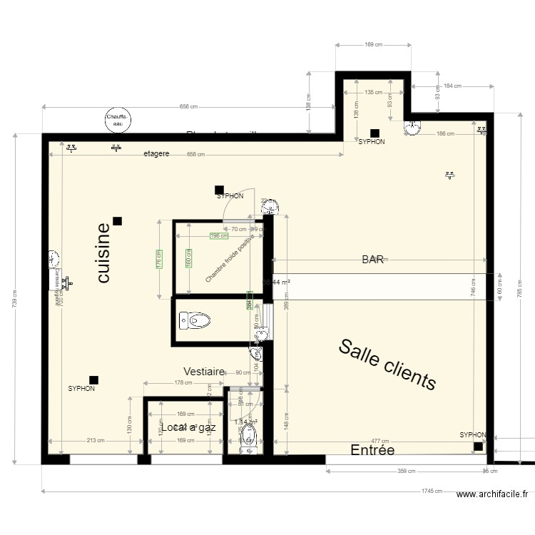 local kebab mur. Plan de 3 pièces et 70 m2