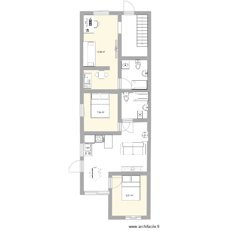 pln. Plan de 3 pièces et 31 m2