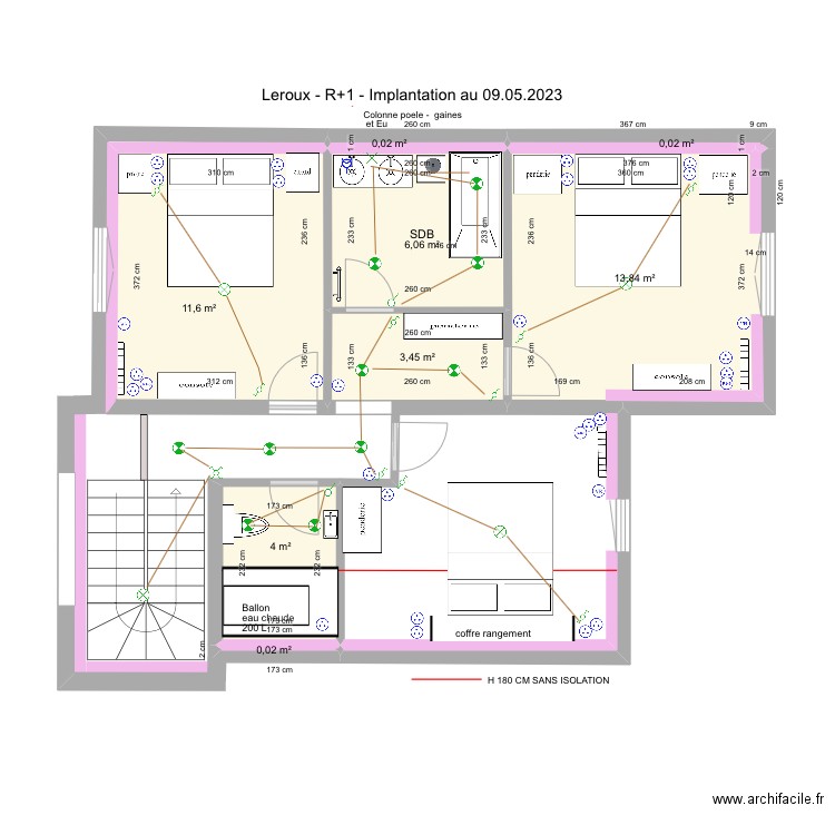 LEROUX LA BAULE R+1 Electricite plomberie (2) 09.05.2023. Plan de 8 pièces et 39 m2