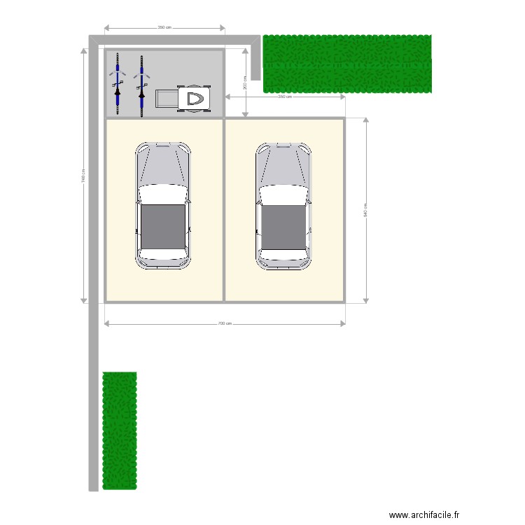 Carport. Plan de 3 pièces et 43 m2