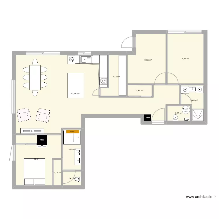 Fond de plan 3. Plan de 11 pièces et 91 m² Fond de plan 3. Plan de 11 pièces et 91 m²
