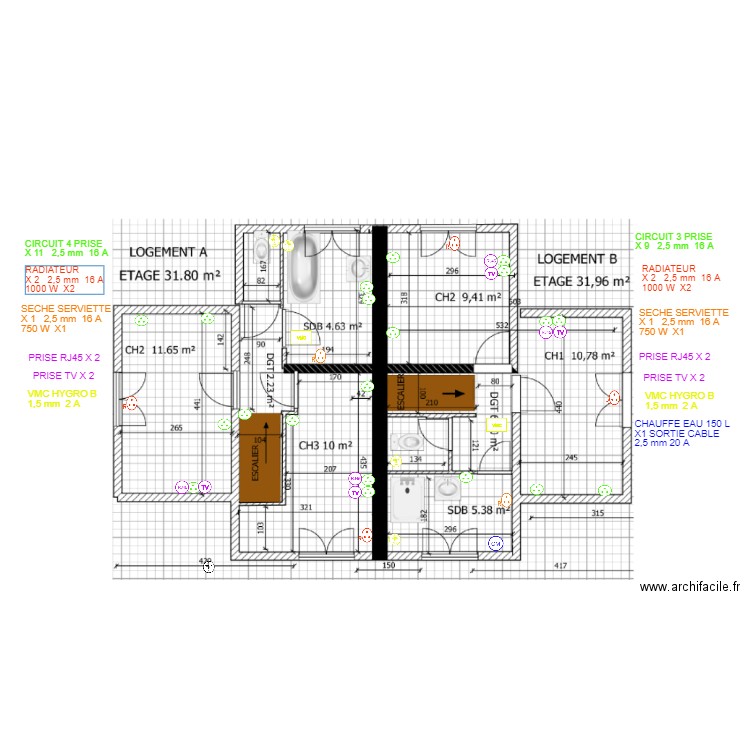PLANS LOGEMENT A  B ETAGE PRISE . Plan de 0 pièce et 0 m2