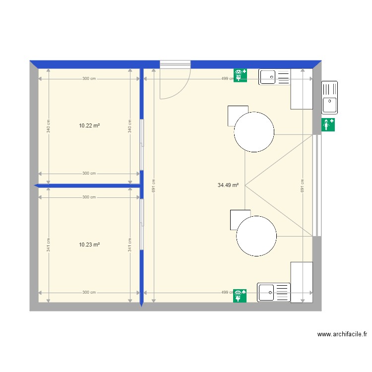 Projet vestiaire . Plan de 3 pièces et 55 m2