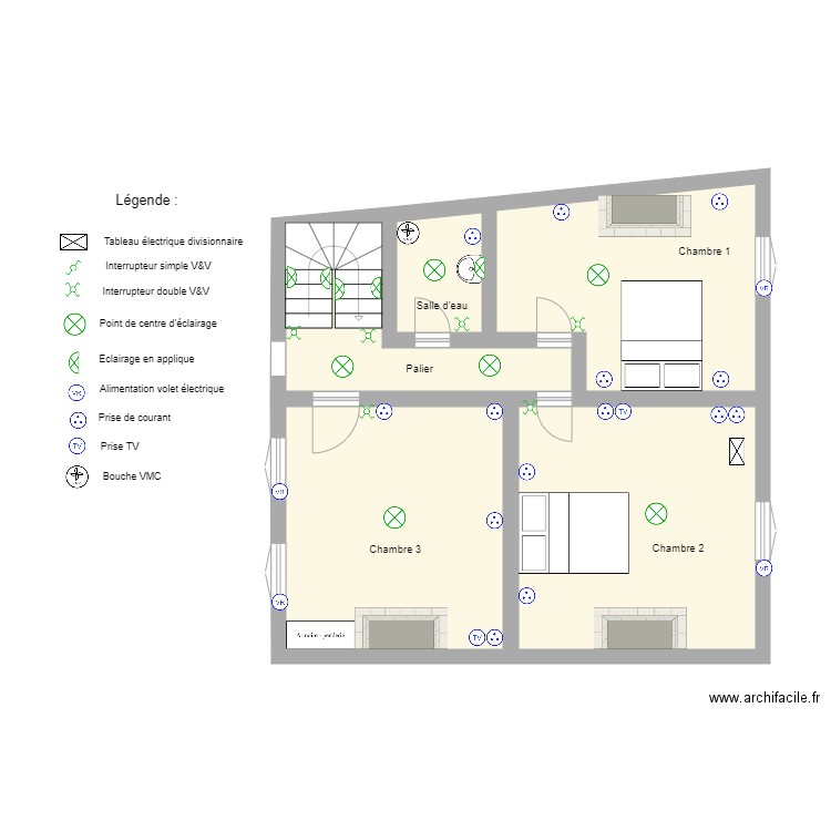 Etage 1  DUPREZ  LAMOUR. Plan de 5 pièces et 55 m2