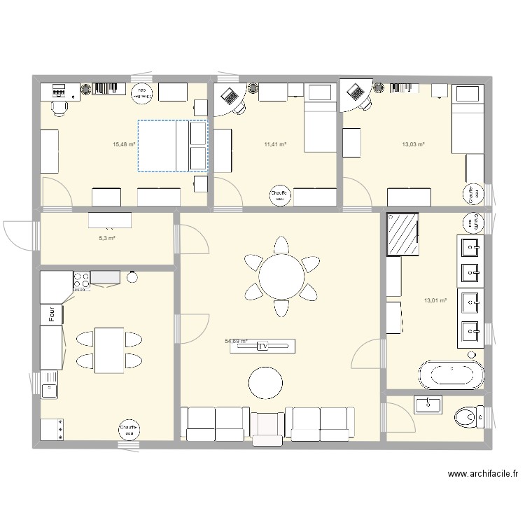 tecno. Plan de 6 pièces et 113 m2