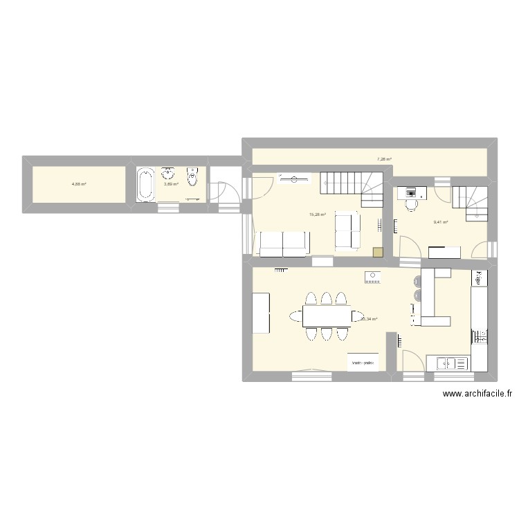 Cuisine. Plan de 6 pièces et 74 m2