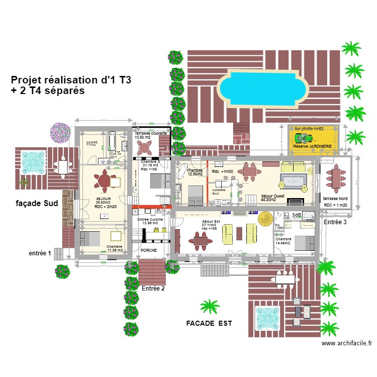 plan transformation en 1T3 et 2 T4 séparés 2 . Plan de 3 pièces et 120 m2