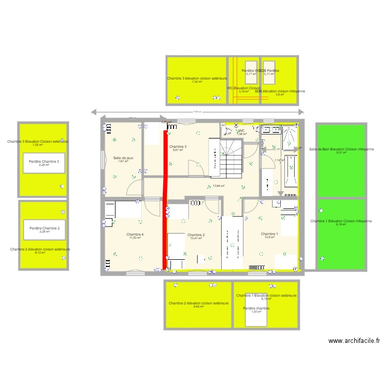 Agrandissement DSFA 1er etage Cloisons internes et périphériques v6 avec électricité. Plan de 24 pièces et 150 m2