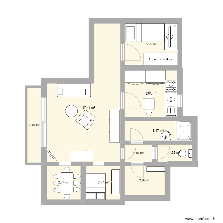 appartement F4. Plan de 10 pièces et 45 m2