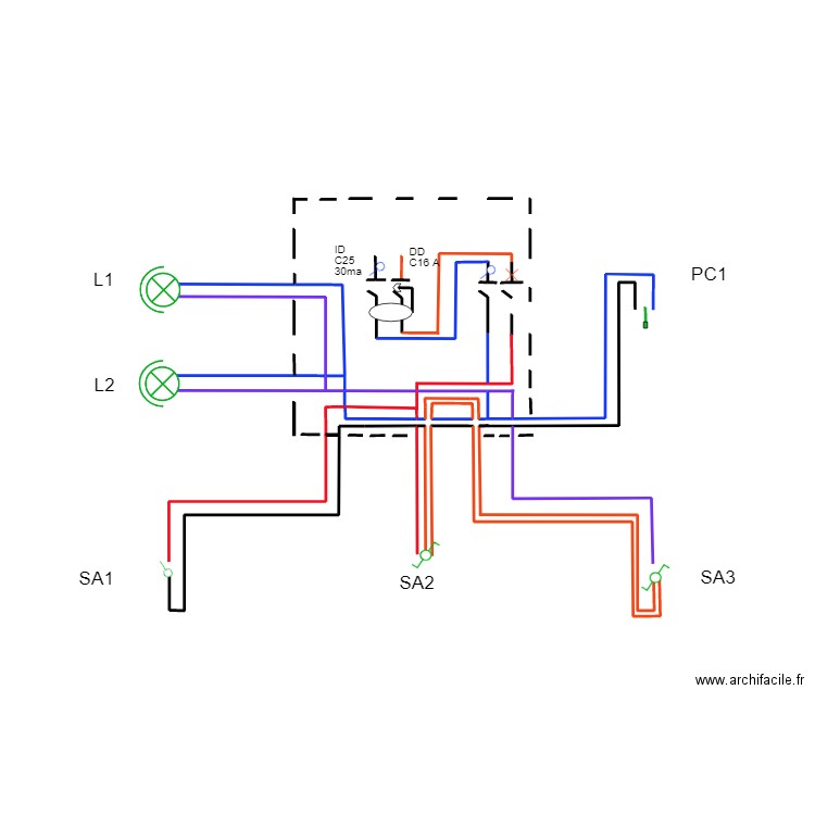 SCEMA MULTIFILAIRE VA ET VIENT ET PRISE ECLAIRAGE. Plan de 2 pièces et 0 m2