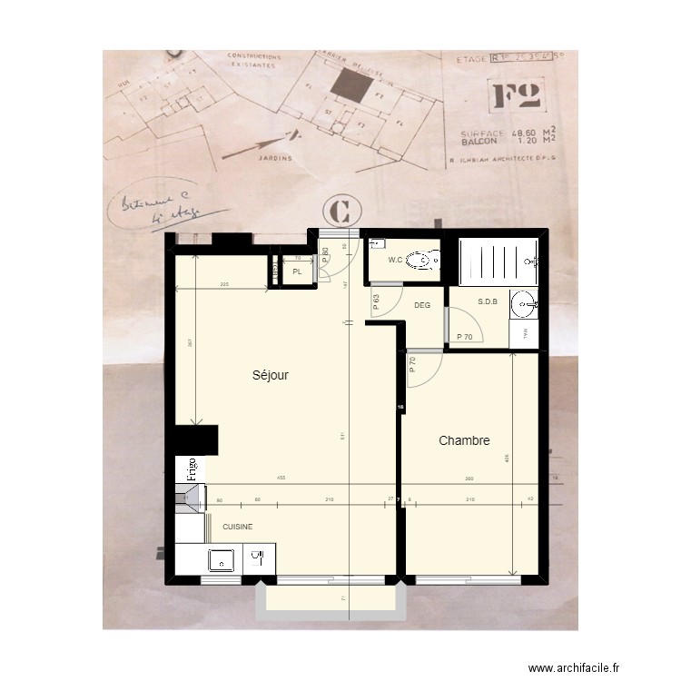 Plan F2. Plan de 4 pièces et 49 m2