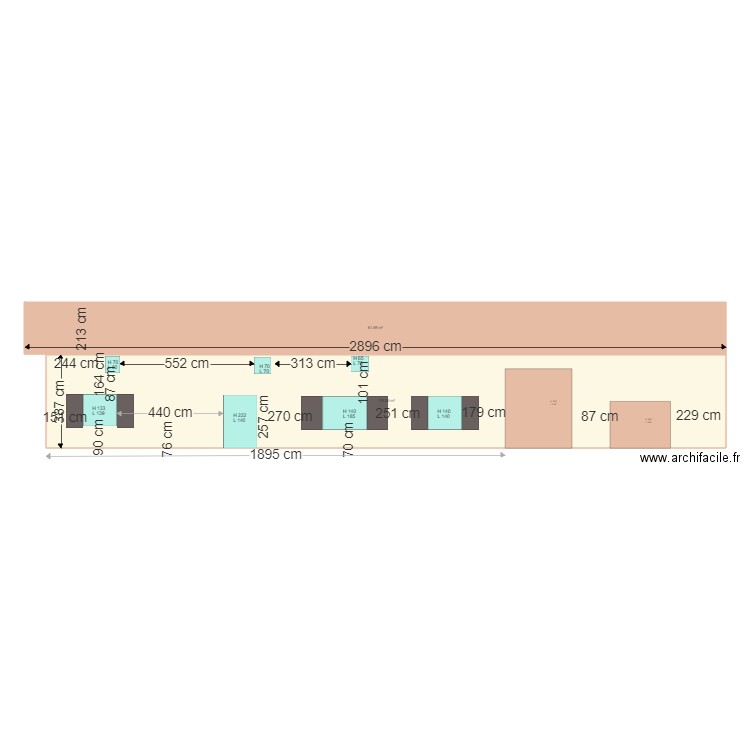 Façade ouest modifiée. Plan de 2 pièces et 170 m2
