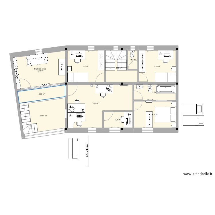 barre r+1 bureaux + ch d'amis . Plan de 11 pièces et 93 m2