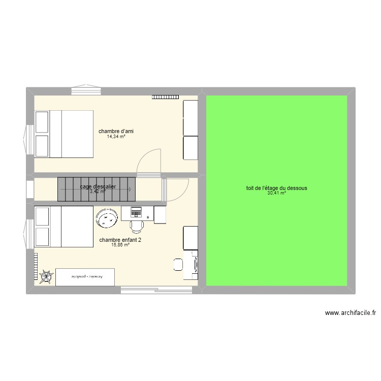 deuxième étage maison. Plan de 4 pièces et 64 m2