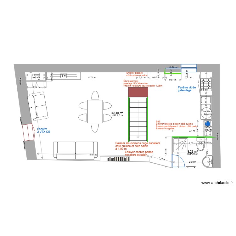 2 EME ÉTAGE  DÉMOLITION. Plan de 2 pièces et 44 m2