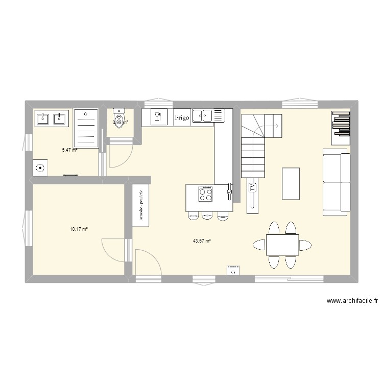 Maison à Perreux V2 bis. Plan de 4 pièces et 60 m2